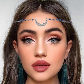 Blindery Boho Head Chain Crescent Headpiece Hollow Hair Chain Moon Head Chain Rhinestone Prom Headbands Festival Costume Hair Accessories for Women (silver bule)