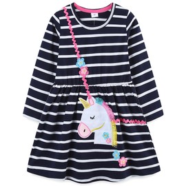 Funnymore Little Girl's Dress Cute Cotton Long Sleeve Dresses Spring Fall Fashion Clothes Clothing Outfits Navy/White Striped Unicorn 8-9 Years