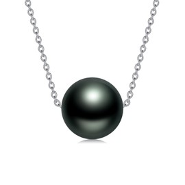 Black Pearl Necklace for Women 9-10mm Tahitian Single Pearl Pendants 18k White Gold Plated Silver 18+2 Inches Gift for Her, Sterling Silver, No Gemstone
