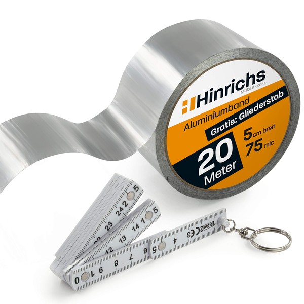 Hinrichs Aluminium Tape - 20 m x 50 mm Aluminium Foil Tape Insulation - Silver Tape for Insulation â€“ Folding Ruler for Measuring Included - Insulation Tape Foil