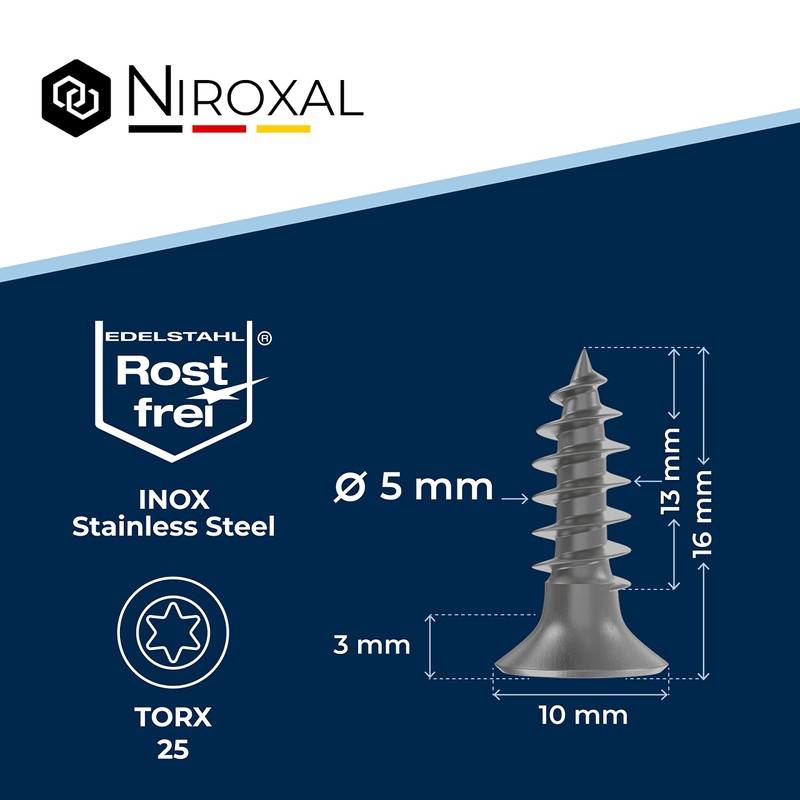 Wood Screws, Torx Screws 5x16, V2A Stainless Steel, Rustproof, Chipboard