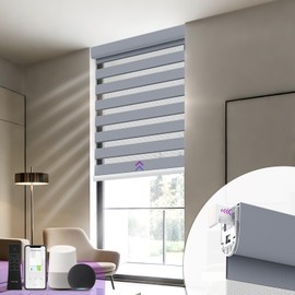 Astomi Smart Motorized Zebra Blinds - No Drill Cordless, Dual Layer Day & Night Shades with Alexa Google Home Siri Voice Ctrl, Custom W 22"-55" H 21"-72", Light Filter Privacy for Bedroom(Light Grey)