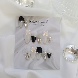 Ribbon stone gradient handmade nail tip - petit round / 리본 스톤그라데이션 수제네일팁 - 쁘띠라운드