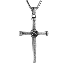 HZMAN Nail Cross Necklace for Men Stainless Steel Antique Cross Pendant Necklace Christian Jewelry Gift (Silver)