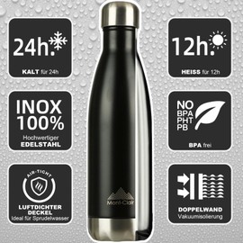 Mont-Clair H2O Stainless Steel Drinking Bottle - Thermos Flask - BPA-Free - Water Bottle, Stainless Steel Drinking Bottle 1 L - 24 Hours Cold & 12 Hours Warm - Leak-Proof Drinking Bottle - Black