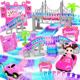 Tracks Car Toys Set for 3 4 5 6 Year Old Girls Kids,201 PCS Rock Music Theme Flexible Tracks Car Princess Toys Pink Doll Racing Car for Girls 3-5 Toddler Girl Toys Age 3-6 Birthday Gifts