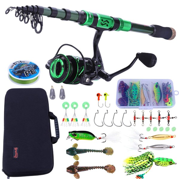 Sougayilang Fishing Rod and Reel Combos - Carbon Fiber Telescopic Fishing Pole - Spinning Reel 12 +1 BB with Carrying Case for Saltwater and Freshwater Fishing Gear Kit(Green 7.87ft -3000)