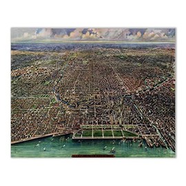 Chicago Vintage Map Birds Eye View - Set of 1 (11 inches by 14 inches) Central Business Section Poster Print
