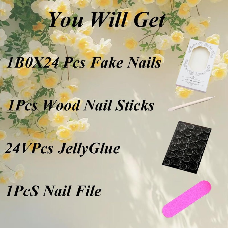 Flower Press on Nails Long Almond Fake Nails French Tips