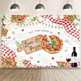 MEHOFOND 7x5ft Pizza Wedding Backdrop All You Need is Love and Pizza Bridal Shower Photography Background Floral Pizza Cooking Couple Wedding Party Decor Wood Love You to Pizzas Banner Photo Props