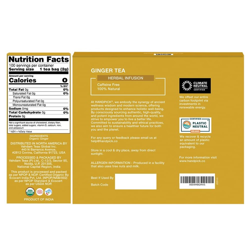 HANDPICK, Organic Ginger Tea Bags (100 Herbal Tea Bags), Caffeine