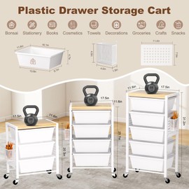 Rolling Cart with Drawers, Rolling Storage Cart with 5 Large Plastic Drawers & Wooden Tabletop, Utility Cart with Pegboards & Basket, Storage Drawers Cart for Living Room, Classroom, Bedroom, Office