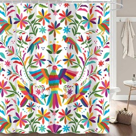 Mexico Floral Shower Curtain for Bathroom, Traditional Mexican Bluebird Otomi Style Bright Pattern Bath Curtains, Paisley Flowers Ethnic Color Fabric Modern Bathroom Accessories with Hooks 69x78
