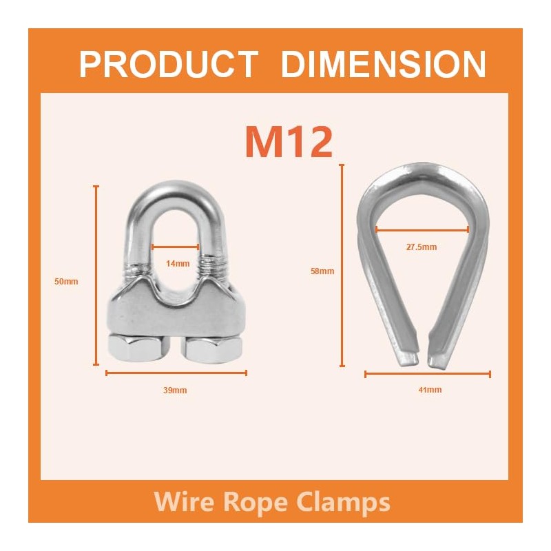 12 Pcs M12 Cable Clamps,Wire Rope Clamp,6 Pcs 1/2" Thimble