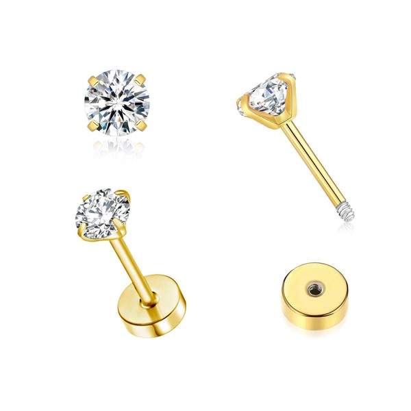 Tiny CZ Screw Flat Back Stud Earrings for Women Men,