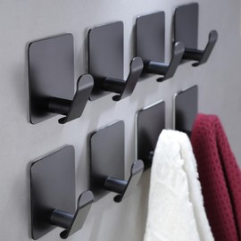 Taozun Adhesive Hooks 8 Packs, Black Wall Hooks for Hanging Coat/Towel Hooks Stainless Steel Waterproof Robe Hooks for Bathroom Bedroom Kitchen