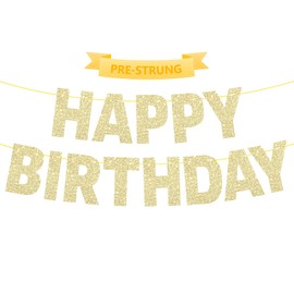 PreJoyStar Pre-Strung Happy Birthday Banner Gold Glitter Birthday Decorations for Women Men Kids, No DIY Garland Banner Birthday Sign Decor Party Hanging Supplies