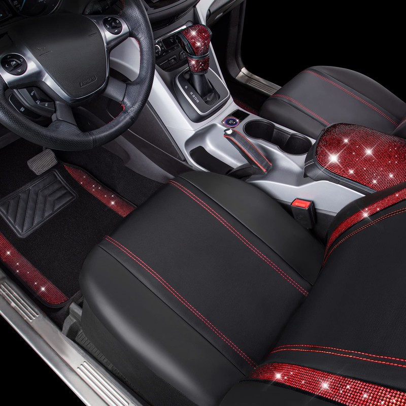 CAR PASS Rhinestone Red Bling Diamond Car Seat Covers Leather