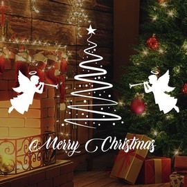Merry Christmas Starry Tree Angel Celebration Wall Sticker Glass Showcase Living Room Vinyl Decor Removable Decal MC034 (White)