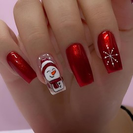 Christmas Press On Nails Medium Square Red Fake Nails,Santa Claus Snowflake Acrylic Full Cover False Nails Set with Nail Gel Glue, Natural Perfectly Reusable Stick On Nails Suitable for Women Girls