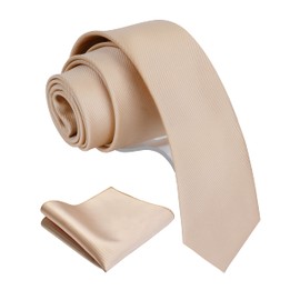 Gusleson 2.4" Solid Tan Champagne Slim Tie For Men Skinny Necktie and Pocket Square Accessories Set (UK0754-09)