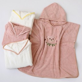 Trendy Kids Hooded Poncho Bath Towel - Korean Embroidered Bear Design, Coral Velvet Baby Bathrobe Cape 60*120/Leather Pink Bear Cape 4ea