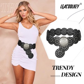 LEACOOLKEY Women Wide Concho Leather Belts Western Disc Waist Belts Ladies Western Belt Boho Disk Concho Belt for Dress