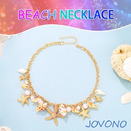 Jovono Boho Starfish Shell Pendant Necklace Gold Beach Sea Star Necklaces Beads Neck Accessories for Women, One Size, No Gemstone