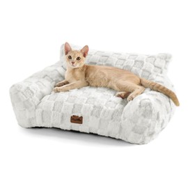 Made4Pets Cat Beds for Indoor Cats, Cat Couch Bed, Soft Faux Fur Checkered Pet Sofa, Calming Fluffy Kitten Sofa with Supportive Foam, Removable Washable Cover with Non-Slip Base, White, Small