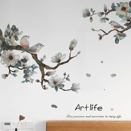 Mestiker Pink Flower Watercolor Gouache Painting Art Life Cherry Blossom Wall Stickers Japanese Wall Art Birds Butterfly Wall Stickers Wall Stickers for Living Room Wallpaper Stickers Characters