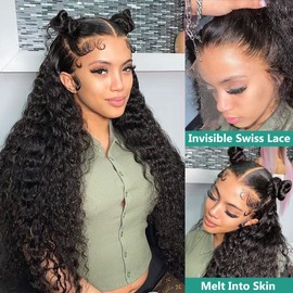 Ferzzon 13x4 Deep Wave Lace Front Wigs Human Hair 150% Density 36 Inch Curly Wigs for Black Women Pre Plucked HD Lace Front Human Hair Wigs with Baby Hair
