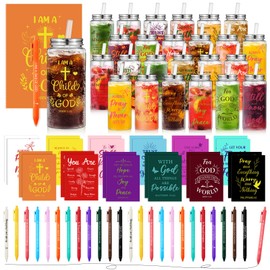 72 Pcs Christian Gifts Bulk, 13.5 oz Bible Verse Cups with Lids Straws Religious Notebooks Scripture Ballpoint Pens Church Gifts for Women Men Volunteer Team Staff Christian Party Favors (Bible)