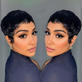 Tgezer Pixie Cut Wig Human Hair Short Straight Pixie Wigs for Black Women 100% Brazilian Human Hair Full Machine Made Wigs Natural Black Color 1B#