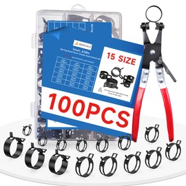 SEKSUALA 100Pcs 6-25mm Spring Hose Clamps Assortment Kit with Swivel Flat Hose Clamp Plier for Automotive, Plumbing & DIY Projects - Durable Constant Tension Steel Design for Low Pressure Air