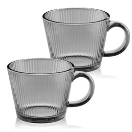 TkoYuHm 13oz Vintage Coffee Mugs 2 pack Striped Glass Tea Cups with Handle Stackable Grey Espresso Cup for Cappuccino Latte Beverages