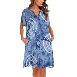 YOZLY House Dress Women Cotton Duster Robe Short Sleeve Housecoat Button Down Nightgown Floral Dark Blue XX-Large