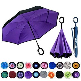 MRTLLOA Double Layer Inverted Umbrella with C-Shaped Handle, Anti-UV Waterproof Windproof Straight Umbrella for Car Rain Outdoor Use(Purple)