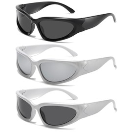 Srvauyea 3 Pairs of Vintage Sunglasses for Men Women, Y2K Futuristic Sunglasses, Polarised Sports Sunglasses, Lightweight Wrap Around UV400 Cycling Glasses, Rectangular Rave Glasses, multicoloured
