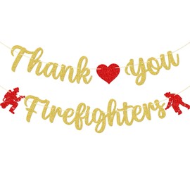 Thank You Firefighters Banner, Firefighter Appreciation Day Party Decor, NO-DIY Firefighters Day Party Decorations, Red and Gold Glitter