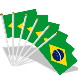 AhfuLife Small Brazil Flags for Brazil Decoration, Pack of 15 Brazilian Hand-Held Flags with 30 cm White Pole for September 7th Independence Day Football Party Home Garden Bar Decoration