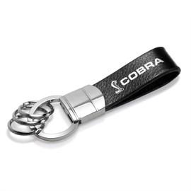 iPick Image Compatible with Ford Mustang Cobra Black Real Leather Strap Chrome Round Hook Metal Key Chain