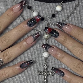 BABALAL French Tip Press on Nails Long Coffin Fake Nails Black Glue on Nails Cherry Star Rhinestone Acrylic Nails 24Pcs Ballerina Y2k Goth Manicure Artificial False Nails for Women and Girls