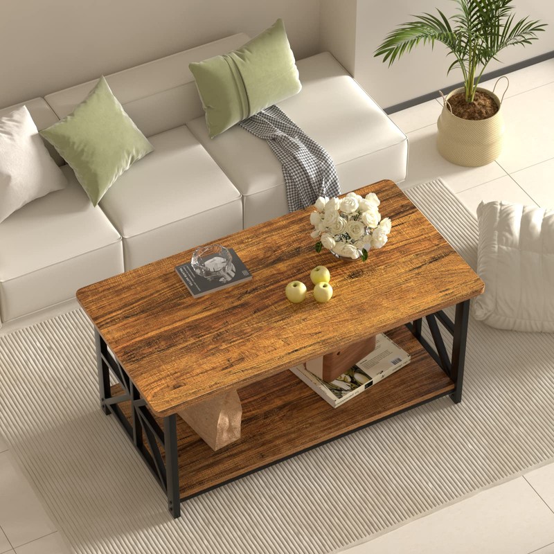 GreenForest Coffee Table with Round Corner, Farmhouse Center Table with
