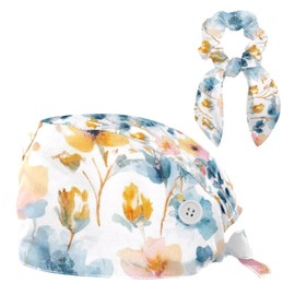 Scrub Caps Women, Watercolor Floral Flower Seamless Pattern, Tie Back Surgical Cap with Hair Scrunchy Blue Yellow
