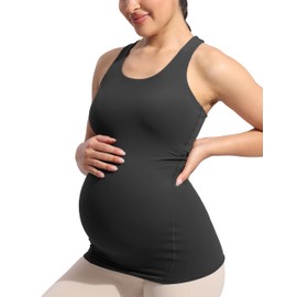 POSHDIVAH Women's Maternity Tank Tops with Built in Bra Padded Sleeveless Pregnancy Yoga Tee Workout Shirt Clothes, Black Large