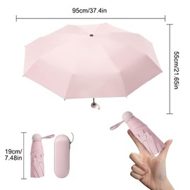 Folding Travel Umbrella, 8 Ribs Mini Folding Umbrella with Capsule Cover, Portable UV Umbrella, UV Protection Umbrella with Ergonomic Handle, Windproof Small Compact for Women and Men, Pink with 8