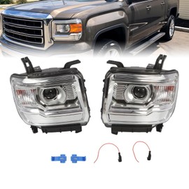 Left+Right Headlights Assembly Compatible with 2014-2019 Sierra 1500 2500HD 3500HD HeadLamps Chrome Clear Lens W/Blubs