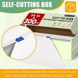 54 in X 300 FT White Plastic Table Cover Roll with Slide Cutter，Cuts Up to 36 Rectangle 8 Feet Disposable Plastic Table Cloths，Disposable Table Cover Roll for Dinning，Parties，BBQ，Wedding，Outdoor