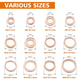 LordHardware 300PCS Copper Crush Sealing Washers Assortment Kit M5 M6 M8 M10 M12 M14 M16 M20 Flat Washers (Copper)
