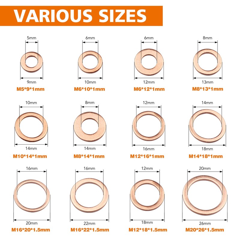 LordHardware 300PCS Copper Crush Sealing Washers Assortment Kit M5 M6